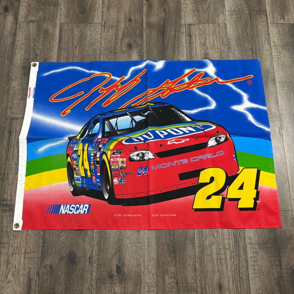 NASCAR Jeff Gordon Flag 1997 DuPont 24 Rainbow Warrior Vintage 37x27 Red Blue